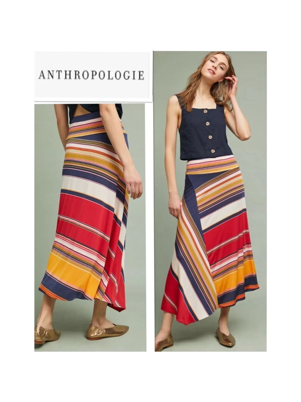 Anthropologie Sumatra Vibrant Striped Boho Nautical SOFT Stretch XS Maxi Skirt